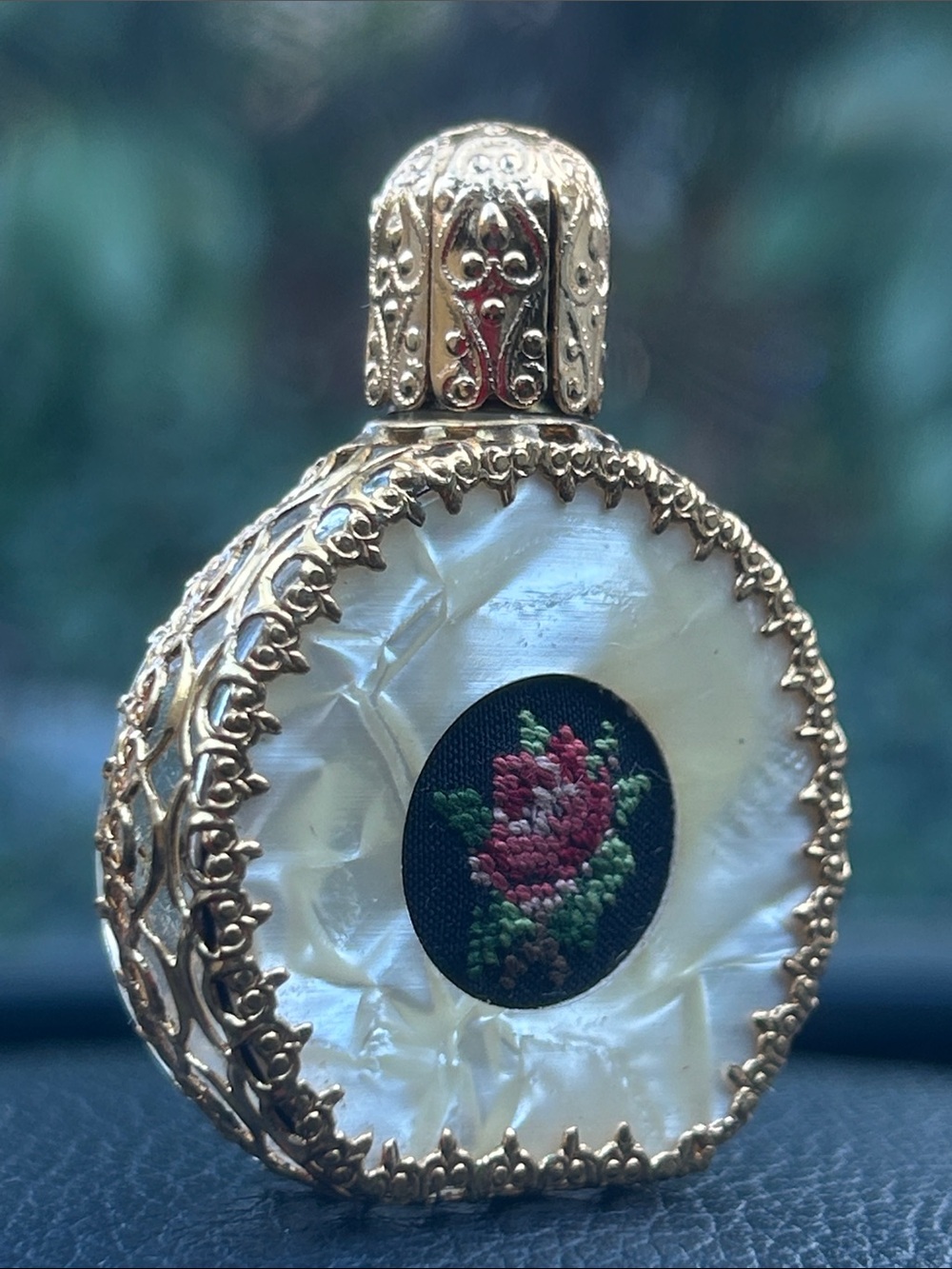 Vintage Mother-of-Pearl Needle Point Embroidery Mini Perfum Bottle